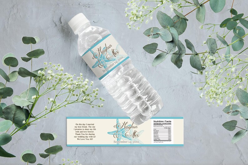 May include: A blue and white wedding water bottle label with a starfish design. The label says "Meghan & Alex" and "September 14, 20XX".