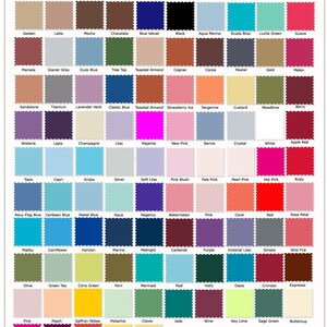 Op de afbeelding: Een kaart met 60 kleurstalen met namen voor elke kleur. De kleuren zijn gerangschikt in rijen en kolommen. De kleuren omvatten tinten van blauw, groen, rood, roze, geel, oranje, bruin, paars en wit.