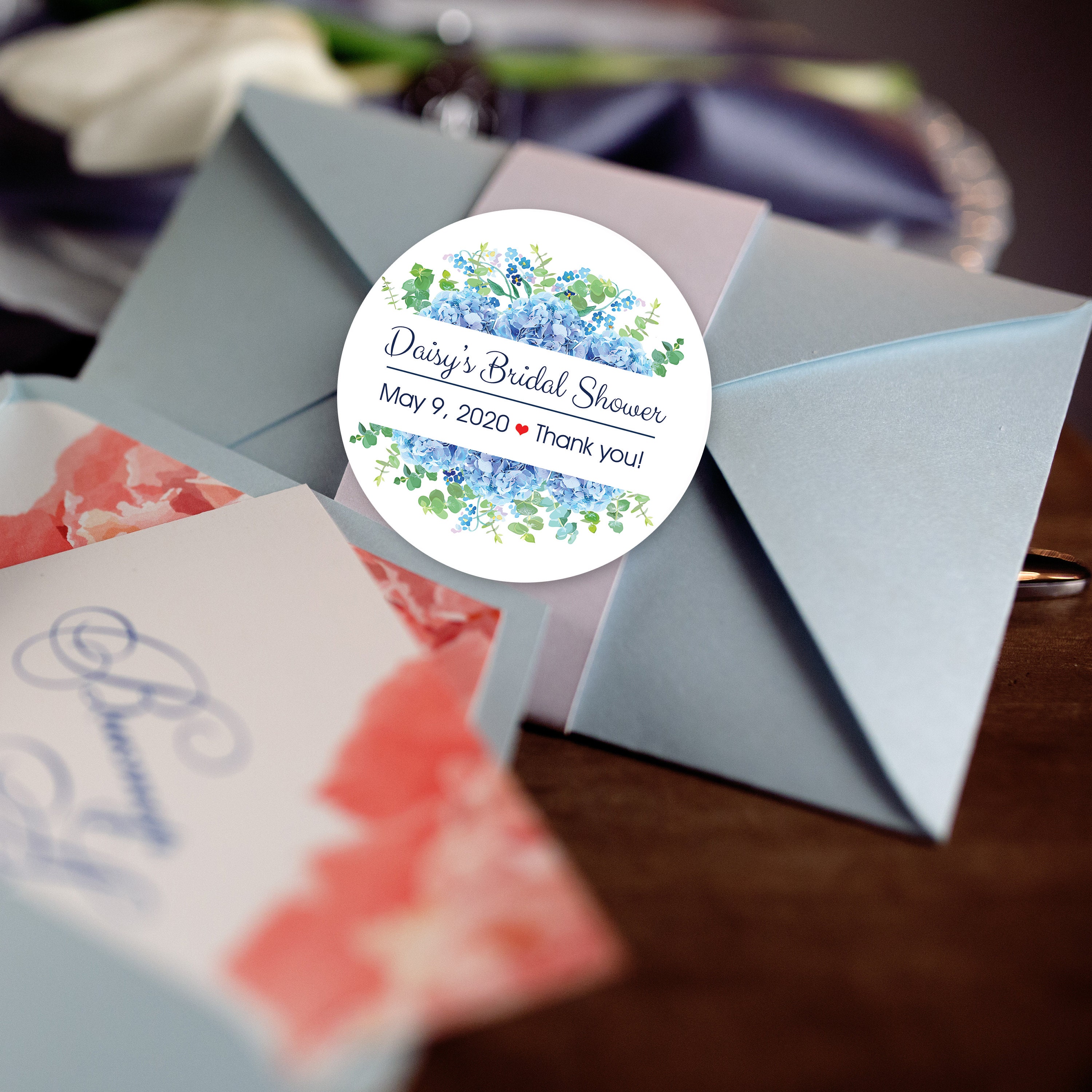 Personalized Blue Floral Hydrangea Wedding Party Favor Labels, Bridal Shower Party Favors, 30 stickers per page, STICKERS ONLY :