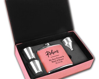 Personalized 6 oz Pink Leather Flask Gift Set, Drinking Gift Set, Bridesmaid Flask, Maid of Honor Flask, Flask Gift Set, Ladies Flask