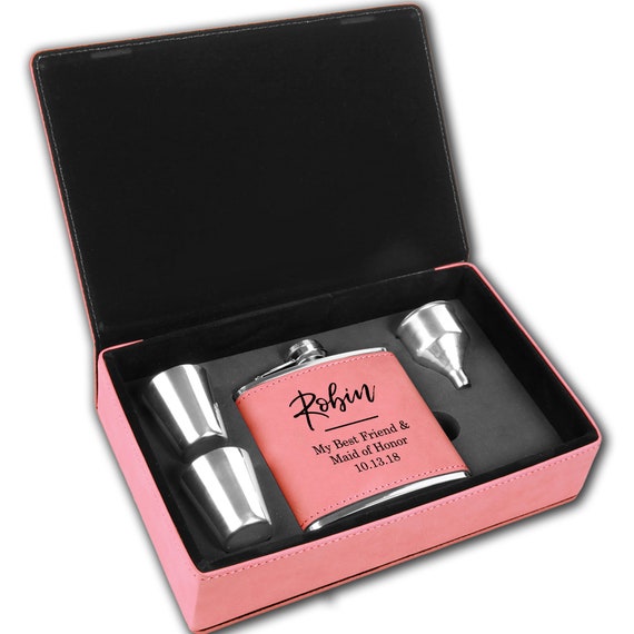 Personalized 6 oz Pink Leather Flask Gift Set, Drinking Gift Set, Bridesmaid Flask, Maid of Honor Flask, Flask Gift Set, Ladies Flask Il_570xn