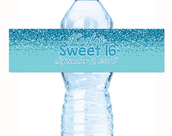 30 Personalized Custom Blue Glitter Birthday Water Bottle Labels - Birthday Decor - Sweet Sixteen