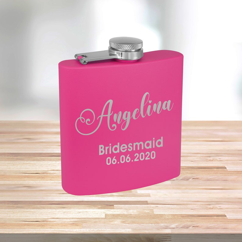Personalized Matte Pink Flask Custom Flask Engraved Pink Flask Birthday Flask Wedding Party Gift Bridesmaid Gift Pink Flask Bridal Party
