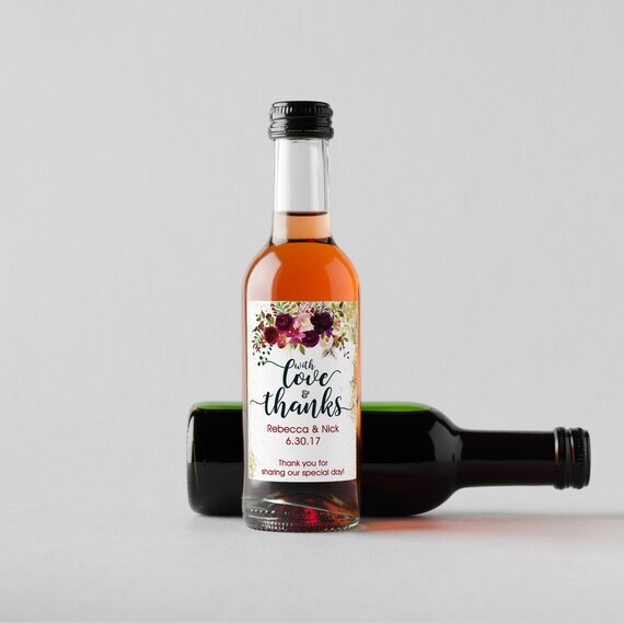 Personalized Burgundy Rose Mini Wine Bottle Labels - Thank You Labels - Miniature Wine Labels - With Love and Thanks - Set of 10 Il_570xn