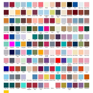 May include: A comprehensive color chart featuring a grid of numerous small, solid-colored squares arranged in rows and columns. Each square is labeled with a specific color name underneath, including shades like Amethyst, Apple, Aqua, and Yellow.