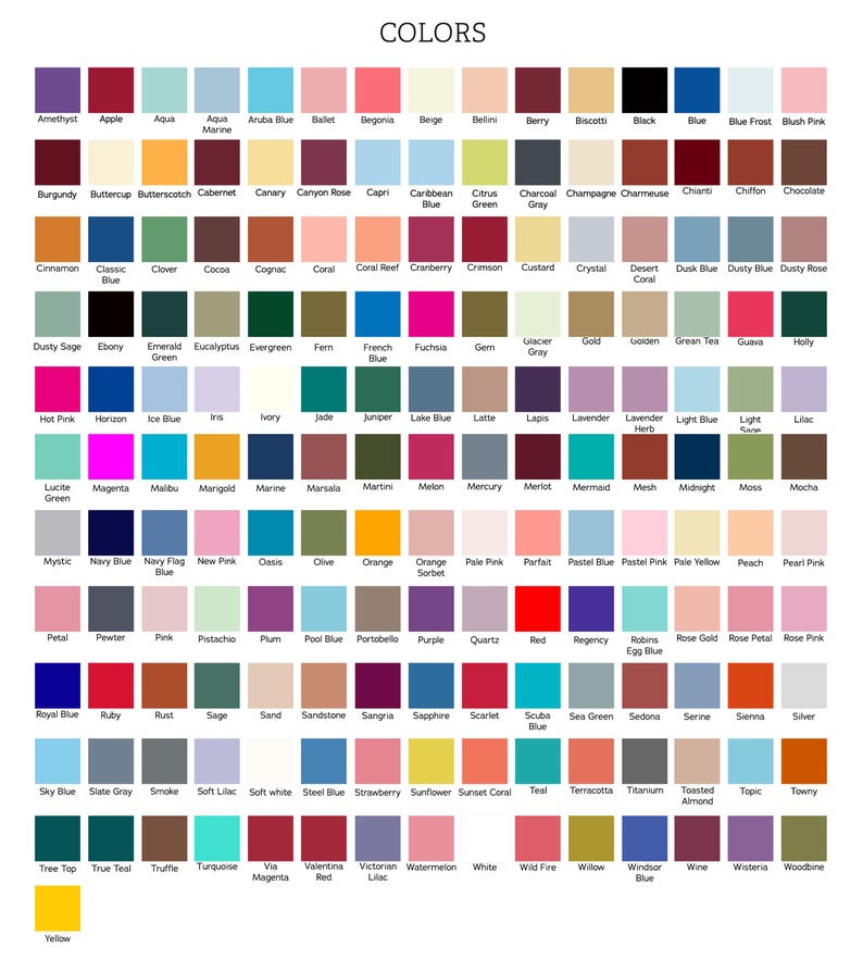 May include: A comprehensive color chart featuring a grid of numerous small, solid-colored squares arranged in rows and columns. Each square is labeled with a specific color name underneath, including shades like Amethyst, Apple, Aqua, and Yellow.