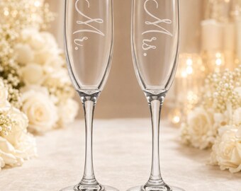 Personalized Wedding Toasting Flutes: Engraved Mr & Mrs Champagne Flutes (Set of 2)