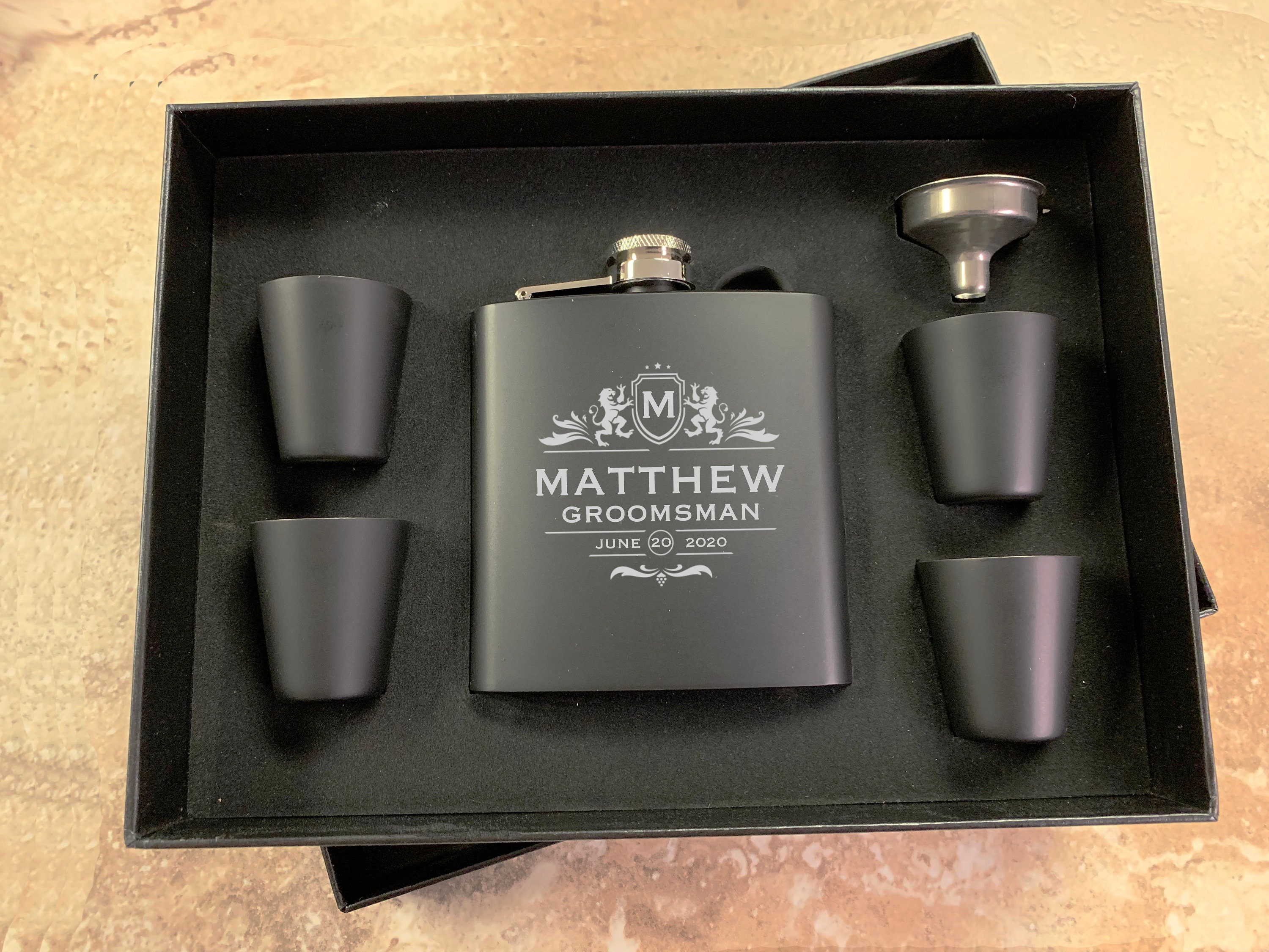 Groomsman Gift Personalized Flask Set for Men Custom Engraved Black Hip Flask Best Man