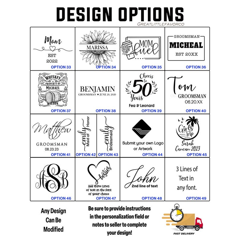 Pode incluir: Op&ccedil;&otilde;es de design para presentes personalizados, com v&aacute;rios textos e gr&aacute;ficos. Inclui op&ccedil;&otilde;es para nomes, datas e frases como "M&atilde;e" e "Groomsman". Os designs incluem um girassol, um barril de u&iacute;sque e um tema de f&eacute;rias tropicais.