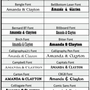 Puede incluir: Un gr&aacute;fico que enumera las fuentes serif y sans serif decorativas con los nombres de las fuentes y el texto "Amanda & Clayton" repetido en todo el gr&aacute;fico.
