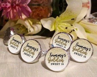 Printed 3/4" Round Candy Stickers | Sweet 16 | Golden | Custom Text | Custom Colors | Birthday Favors | 108 Stickers | more sizes available