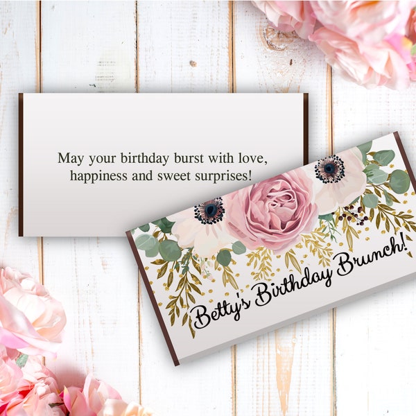 12 Large Personalized Candy Bar Wrappers - Bridal Shower Favor  -  Wedding Favor Decor - Birthday Favor  - Pink Rose Design