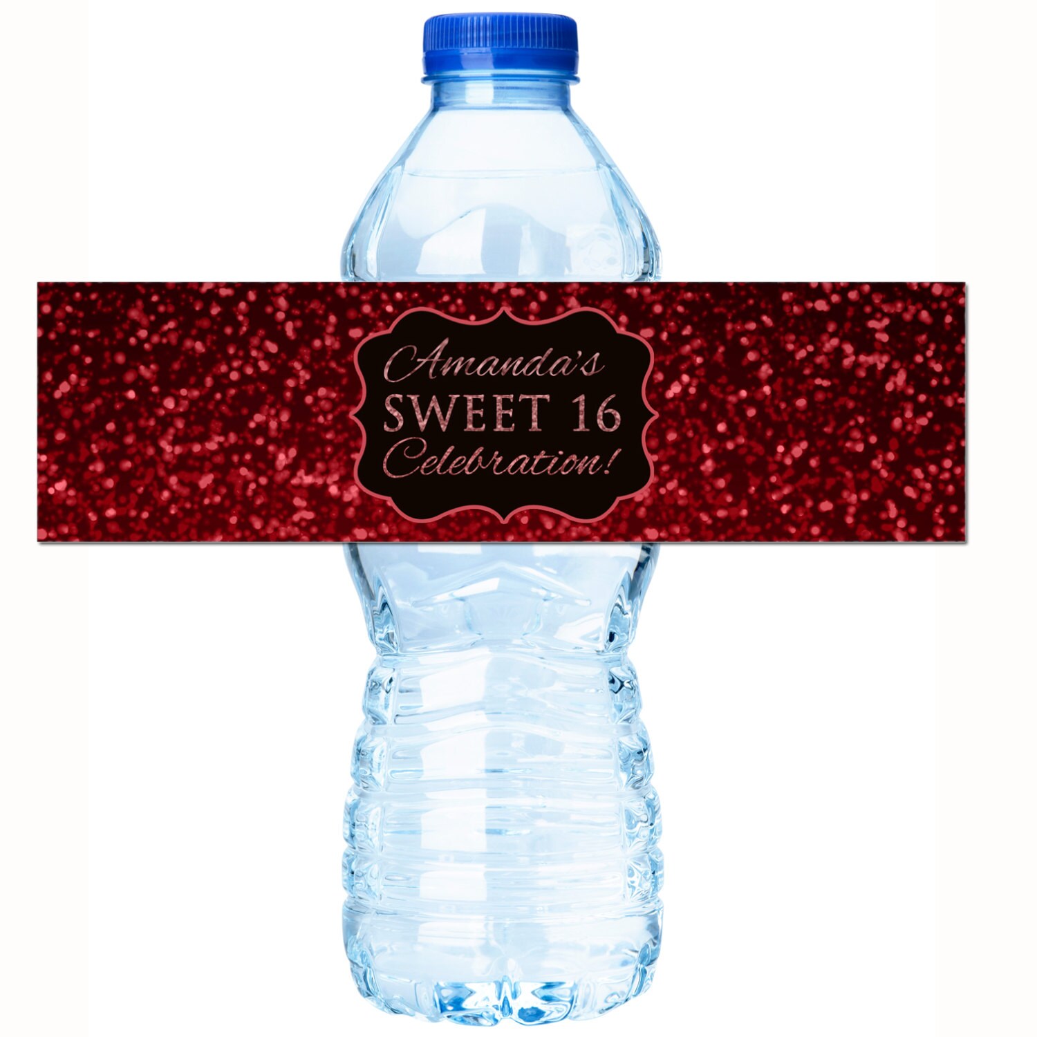 30 Personalized Custom Sweet 16 Faux Red Glitter Water Bottle Labels Birthday Favors Sweet 16