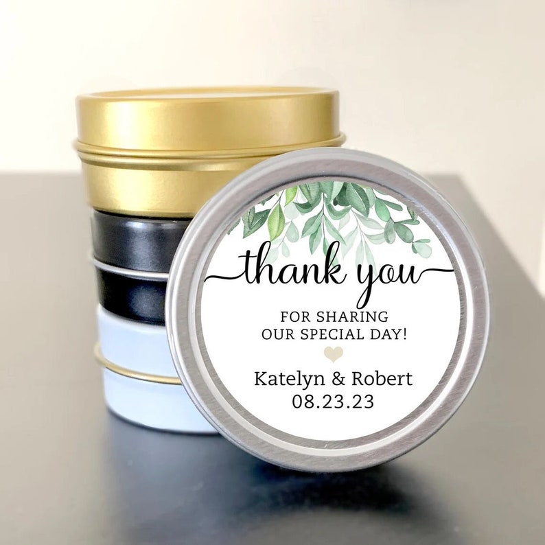 Thank You Personalized Mint Tin Favors Wedding, Bridal Shower, Rehearsal Dinner Favors Available in Black, Gold, White or Silver Tins image 1