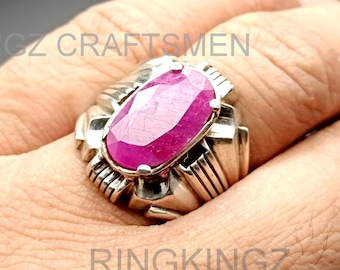 Anillo de rubí para hombre, hecho a mano en plata de ley, con gema ovalada roja, piedra natal de julio. Regalo ideal.
