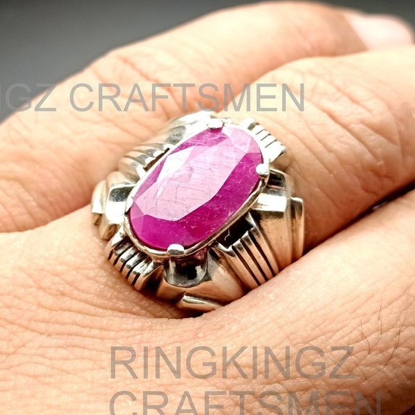 Natural Ruby Men Ring, Oval Cut Gemstone 925 Sterling Silver Ring, Ruby Handmade Silver Ring, Gift For Him, Male Promise Ring, Unique Ruby
