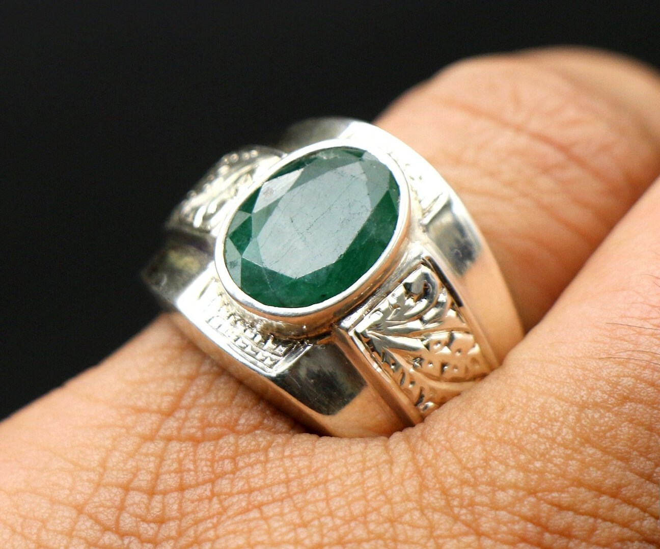 Emerald Mens Ring in 925 Sterling Silver, Oval Cut Faceted Emerald Mens Ring in 925 Sterling Silver, Oval Cut Faceted