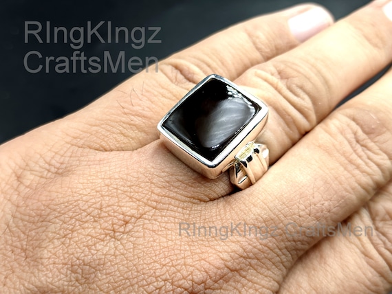 Square Cut Agate Ring Black Stone Ring Yemeni Aqeeq Stone