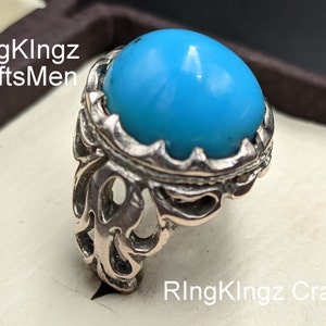 Handmade Turquoise Gemstone Ring: Engraved Sterling Silver Band