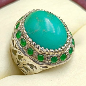 Handmade Turquoise Mens Ring Set: Emerald Sterling Silver Feroza Ring