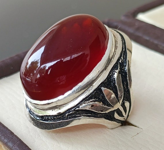 Bague En Argent 925 Avec Agate Rouge Double Pierre - Design Floral Vintage, Taille Réglable - Cadeau Femme élégant