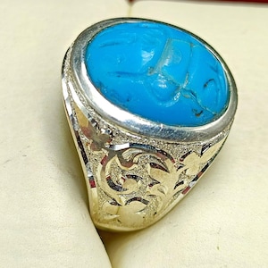 Feroza Talisman Ring in 925 Silver,Turquoise Oval Stone Engraved with Ya Ali Madad, Spiritual Amulet for Protection & Strength, Gift For Him