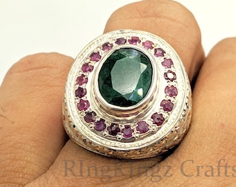 Handgemachte Oval Smaragd & Rubin Ring: Vintage Sterling Silber Schmuck
