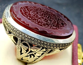 Large Men's Agate Ring, 925 Sterling Silver Hand Engraved Statement Ring, Natural Carnelian Stone, Made to Order Artisan Gift for Him