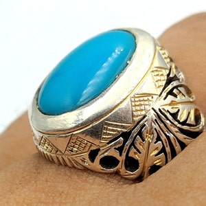 Handmade Turquoise Mens Ring: Engraved Sterling Silver Feroza Gemstone