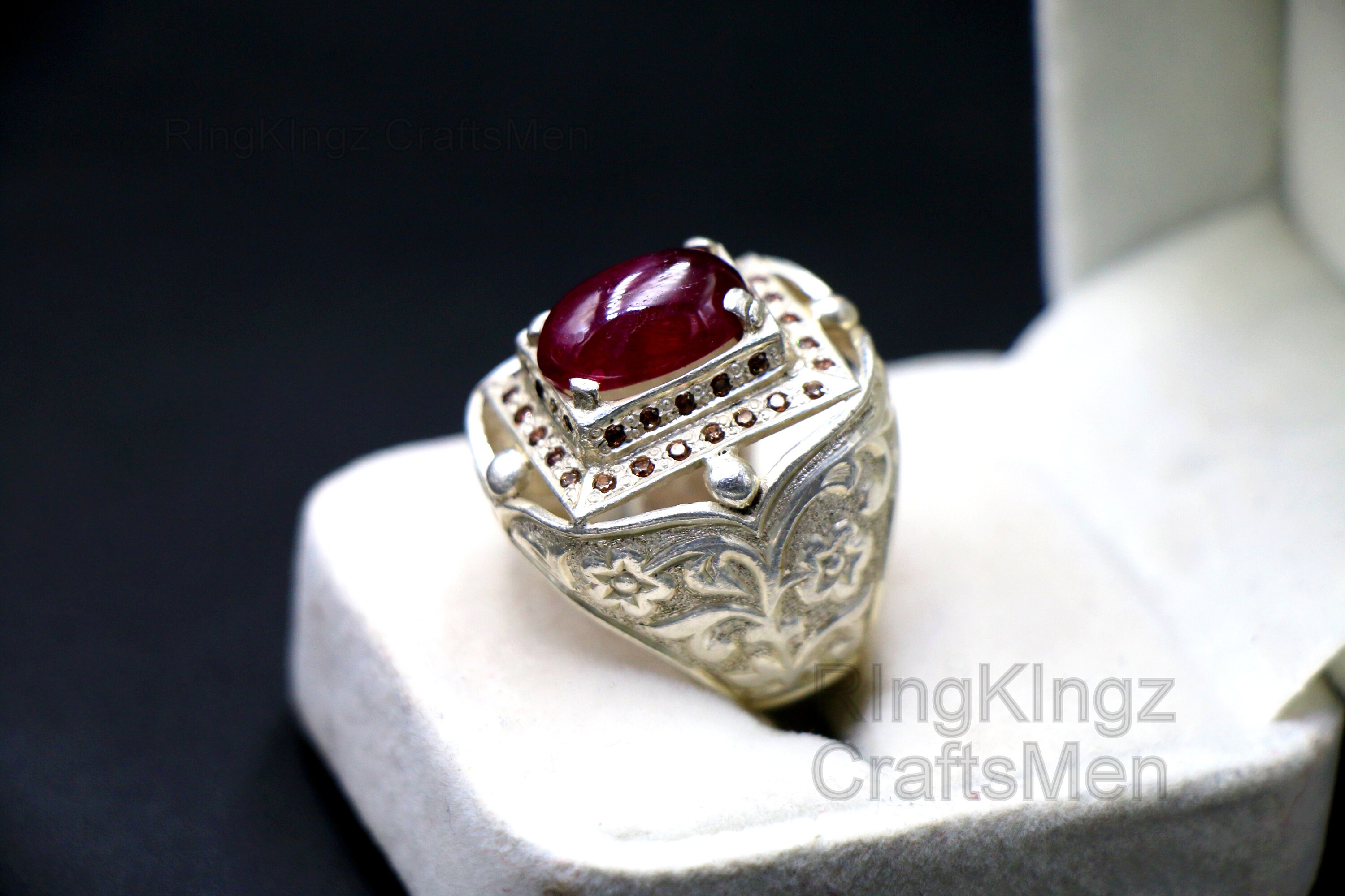 Naturale Rosso Rubino Cabochon 925 Anello Argento Sterling Look per Uomo
