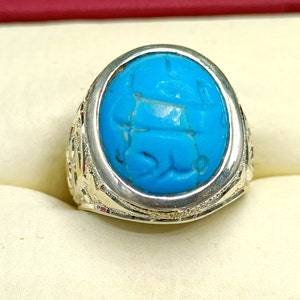 Anillo de turquesa natural para hombre, anillos Feroza, turquesa grabada, amuleto islámico, plata de ley 925, regalos personalizados para él, Firoza