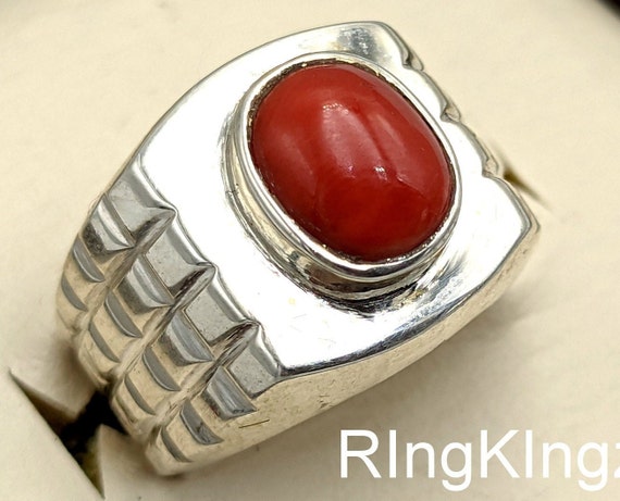 Mens Red Coral Ring Stylish Coral Men Ring 925 Sterling Silver