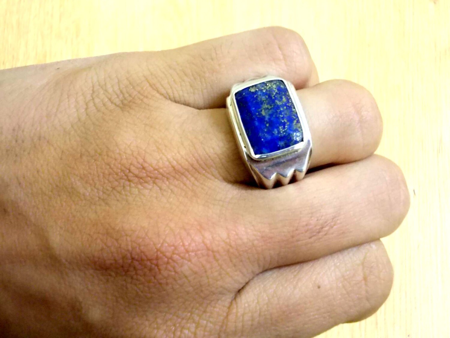 Anello Uomo In Argento 925 Con Lapislazzuli Naturale - Fatto A Mano - Stile Statement India