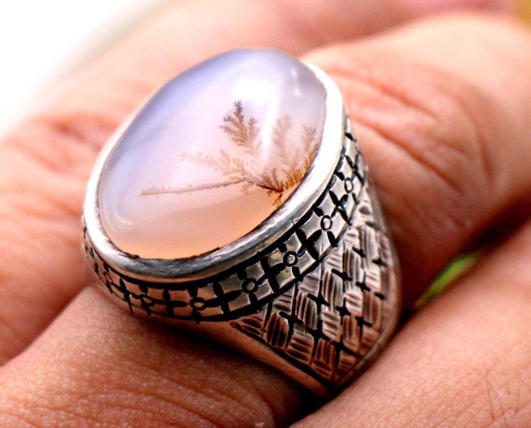 Dendritic Agate Ring for Men Handmade 925 Sterling Silver Unique