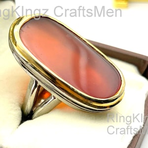 Natural Carnelian Agate Ring Oval Aqeeq Stone in 925 Sterling Silver Handmade Red Orange Agate Ring Gift for Men & Women