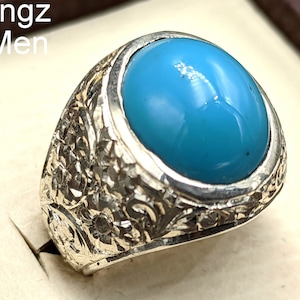 Handmade Turquoise Mens Ring: 925 Sterling Silver Adjustable Band