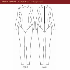 May include: A white line drawing of a long-sleeved bodysuit with a high neck. The front view is plain, while the back view features a central vertical zipper. The text MADE TO MEASURE • Printed after we review your size is at the top.