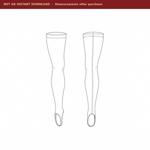 May include: A technical line drawing of stirrup leggings shown from the front and back views. The text at the top reads NOT AN INSTANT DOWNLOAD · Measurements after purchase. The leggings feature a fitted silhouette with stirrup foot loops.
