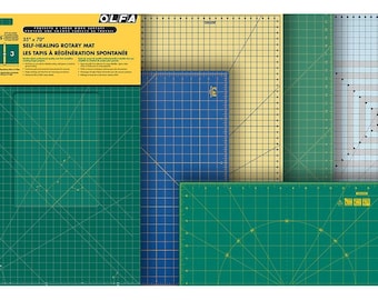 May include: A set of four self-healing rotary mats for cutting. The mats are green, blue, yellow, and gray. The mats are 35 inches by 70 inches. The mats are made by OLFA.