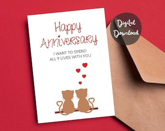 Happy Anniversary Card for him for her Digital Download Printable Love Card with cats for boyfriend girlfriend Valentine Card for husband