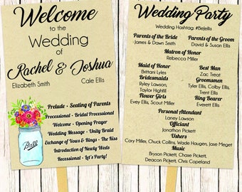May include: A wedding programme fan with a rustic brown background. The top half of the fan features the text "Welcome to the Wedding of Rachel & Joshua" with the bride and groom's names listed below. The bottom half of the fan lists the wedding ceremony order and the wedding party members. The fan is decorated with a watercolour illustration of a mason jar filled with flowers.