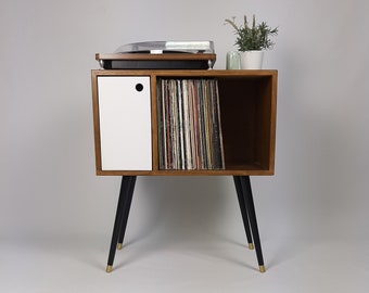 Buffet compact en noyer | Console multimédia minimaliste | Stockage de disques vinyles | Stand TV | Buffet en bois massif