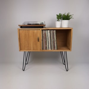 Oak Sideboard with Brass Handle | Black Haipin Legs Table | Media Console | Mid Century Modern Vinyl Storage | Mid Century Sideboard