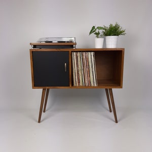 Record Table Walnut w/ Black Door and Wooden Legs Medium Sideboard Media Console Vinyl Cabinet Solid Wood Vinyl Record Table image 1