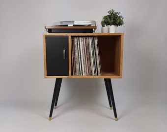 Oak Sideboard with Black Door | Vinyl Record Storage | Console Table | Record Cabinet | Mid Century Modern Legs | Dansette Record Table
