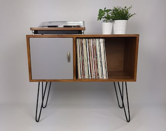 Walnut Sideboard w/ Hairpin Legs | Pearl Grey Door | Vinyl Record Storage | Record Table | Scandinavian Design | Side Table