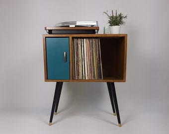 Compact Walnut Sideboard with Blue Door | Minimalist Media Console | Vinyl Record Storage | TV Stand | Solid Wood Sideboard