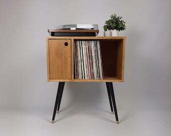 Oak Sideboard with Black 1950s Legs | Small Solid Wood Sideboard | Record Storage Console | Classic Style | Modernist Furniture