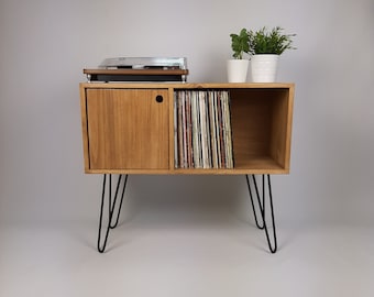 Oak Sideboard Black Haipin Legs Table | Medium Sideboard | Media Console | Mid Century Modern Vinyl Storage | Mid Century Sideboard