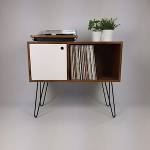 Walnut Sideboard w/ White Door & Black Hairpin Legs | Vinyl Record Storage | Media Console